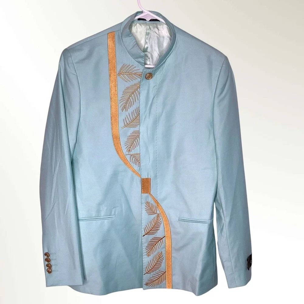 Fonte Mint Green Wool Blazer Mens Size 48 Gold‎ Embroidery Mandarin Stand Collar